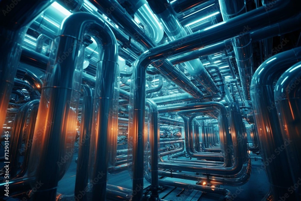 A network of interconnected tubes in a manufacturing facility. Generative AI