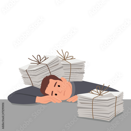 Burnout, overload, overwork concept. Unhappy depressed man office worker sitting with head on heap of documents and feeling stressed and tired in office. Flat vector illustration isolated on white