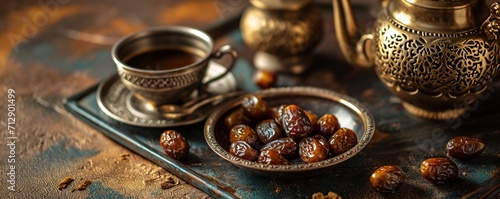 Dates fruit and Turkish coffee in a cup on an old background