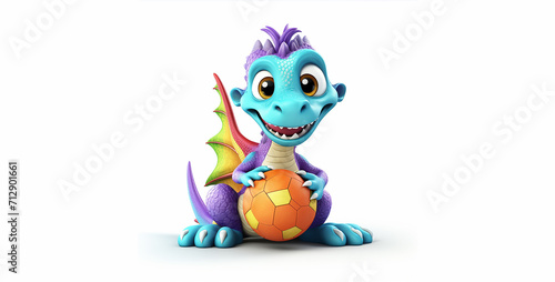3d rendering of a cute dragon playing bowling isolated on white background, 3d rendered illustration of a dragon cartoon character with a soccer ball