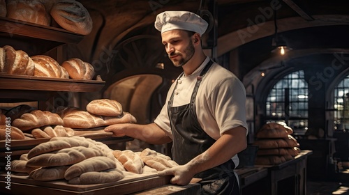 Male baker in an apron and cap in a bakery with freshly baked bread photo