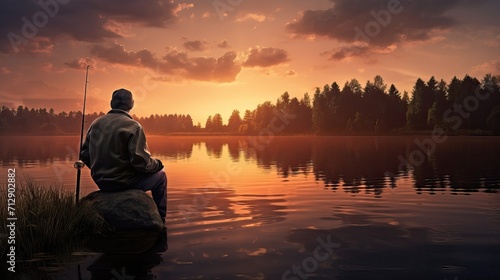 A fisherman sits on a lake river with a fishing rod and fishes against the backdrop of a beautiful forest