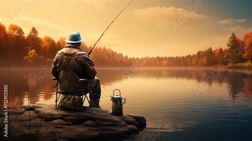 A fisherman sits on a lake/river with a fishing rod and fishes against the backdrop of a beautiful forest