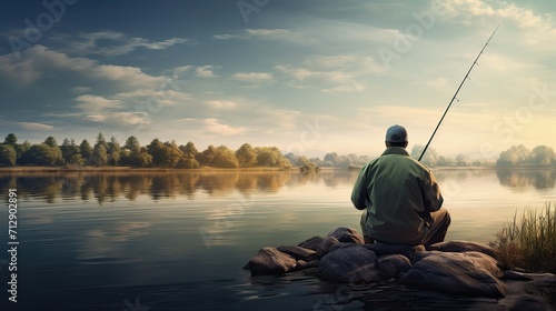 A fisherman sits on a lake/river with a fishing rod and fishes against the backdrop of a beautiful forest