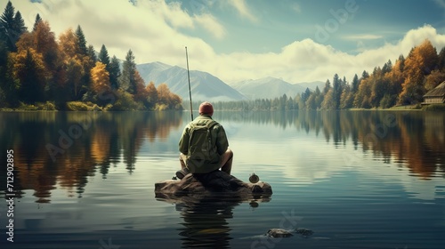 A fisherman sits on a lake/river with a fishing rod and fishes against the backdrop of a beautiful forest photo