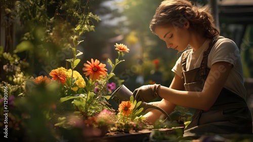 A girl gardener processes different plants in a greenhouse against a background of plants and flowers.