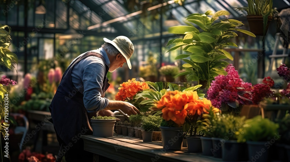A male gardener processes different plants in a greenhouse against a background of plants and flowers - obrazy, fototapety, plakaty 