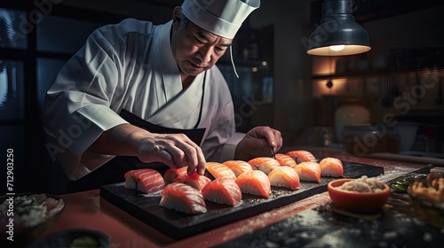 A male sushi chef prepares delicious rolls and sushi against the backdrop of a cozy kitchen. photo