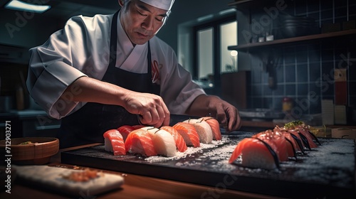 A male sushi chef prepares delicious rolls and sushi against the backdrop of a cozy kitchen.