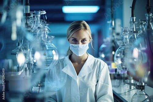 Female medical laboratory assistant in a protective mask and goggles in the laboratory conducts research