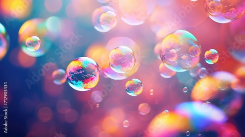 An iridescent air bubble on a background with a gradient. A lot of bubbles are flying in a chaotic manner.