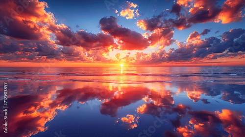 A breathtaking view of a vivid sunset with reflected clouds on damp sand during low tide Background photo