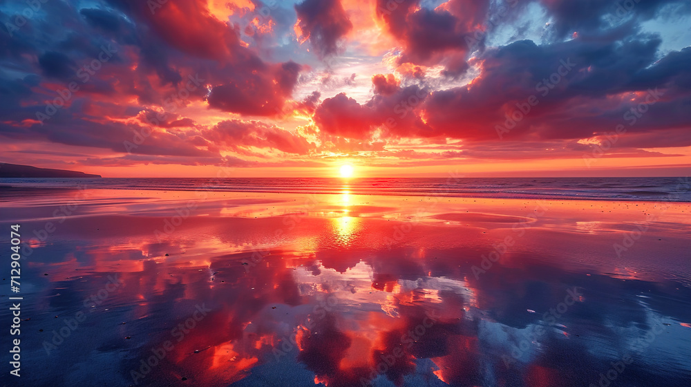 A breathtaking view of a vivid sunset with reflected clouds on damp sand during low tide Background - obrazy, fototapety, plakaty 