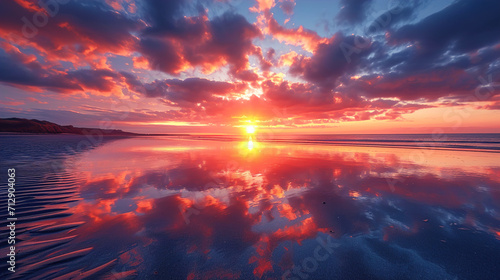 A breathtaking view of a vivid sunset with reflected clouds on damp sand during low tide Background photo