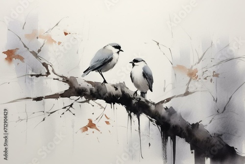 Sumi-e ink painting of birds perched on tree. Generative AI © Bobby
