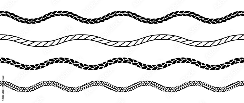 Set of rope waves. Repeating hemp cord stripes collection. Wavy chain, braid, plait bundle. Seamless decorative plait pattern. Vector marine twine design elements for banner, poster, frame, border Set of rope waves. Repeating hemp cord stripes collection. Wavy chain, braid, plait bundle. Seamless decorative plait pattern. Vector marine twine design elements for banner, poster, frame, border