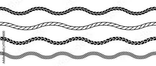 Set of rope waves. Repeating hemp cord stripes collection. Wavy chain, braid, plait bundle. Seamless decorative plait pattern. Vector marine twine design elements for banner, poster, frame, border