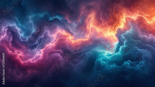 Vibrant swirls of neon colors, resembling a cosmic dance, set against a dark, starlit sky. Electrifying shades of blue, pink, and green dominate, creating a mesmerizing, abstract universe.