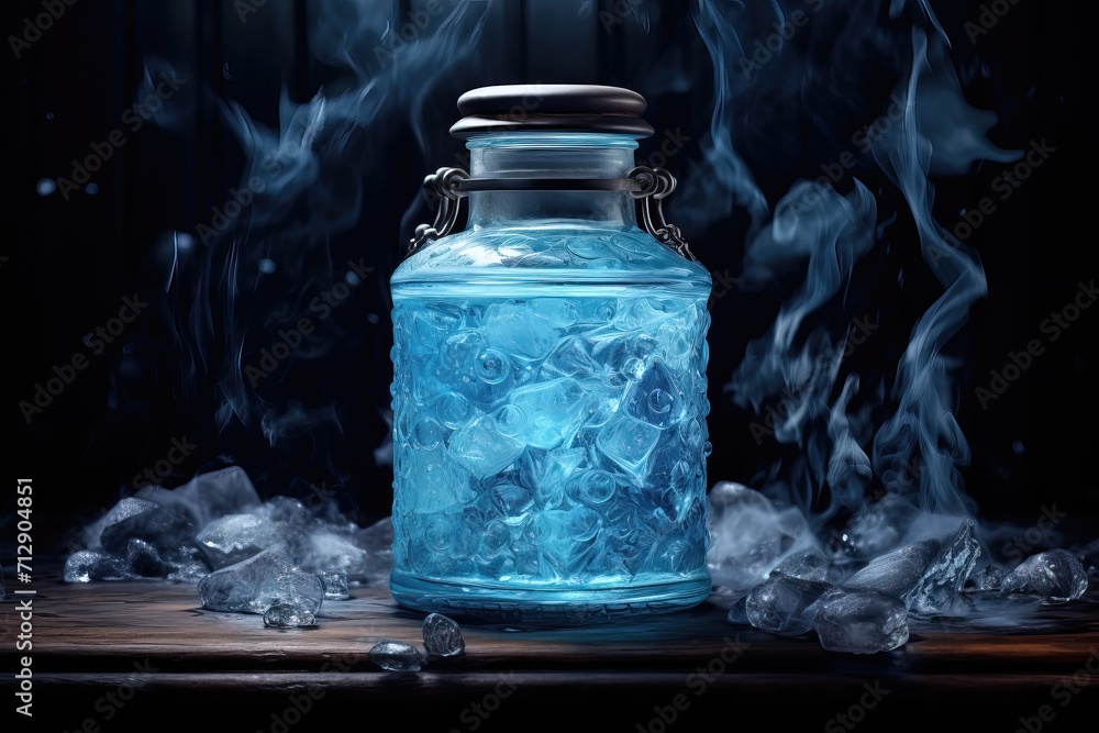 Jar of magical healing / mana potion in a glass jar on a dark background Jar of magical healing / mana potion in a glass jar on a dark background
