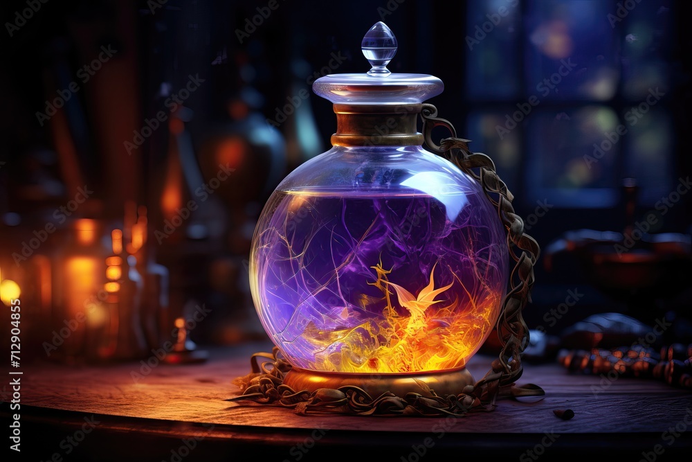 Jar of magical healing / mana potion in a glass jar on a dark background Jar of magical healing / mana potion in a glass jar on a dark background