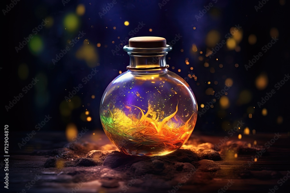 Jar of magical healing / mana potion in a glass jar on a dark background Jar of magical healing / mana potion in a glass jar on a dark background