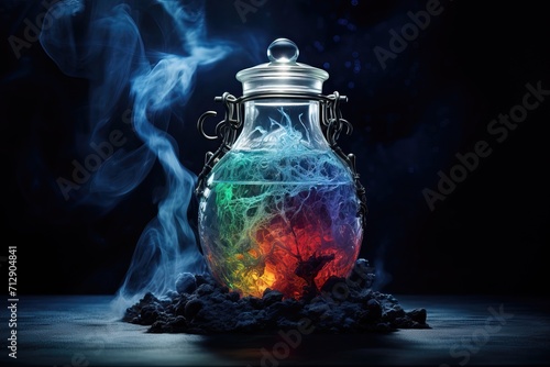 Jar of magical healing / mana potion in a glass jar on a dark background © Serhii