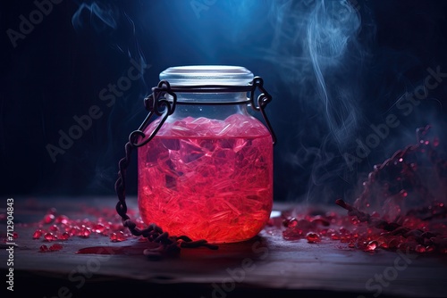 Jar of magical healing / mana potion in a glass jar on a dark background photo
