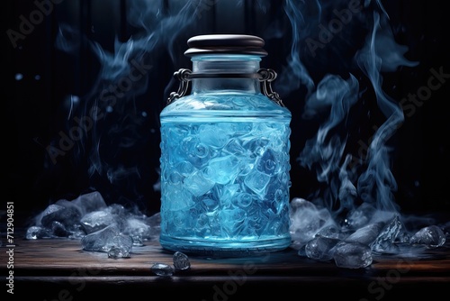 Jar of magical healing / mana potion in a glass jar on a dark background