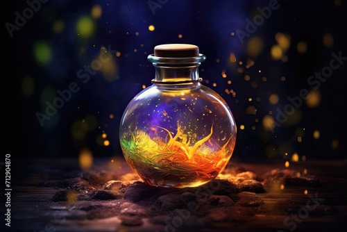 Jar of magical healing / mana potion in a glass jar on a dark background