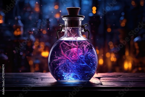 Jar of magical healing / mana potion in a glass jar on a dark background