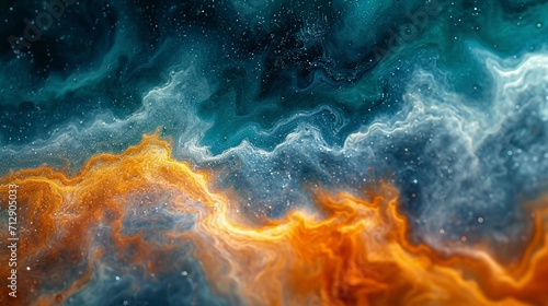 Vivid, flowing colors in emerald, sapphire, and orange blend in a dreamlike, surreal abstract without human features.