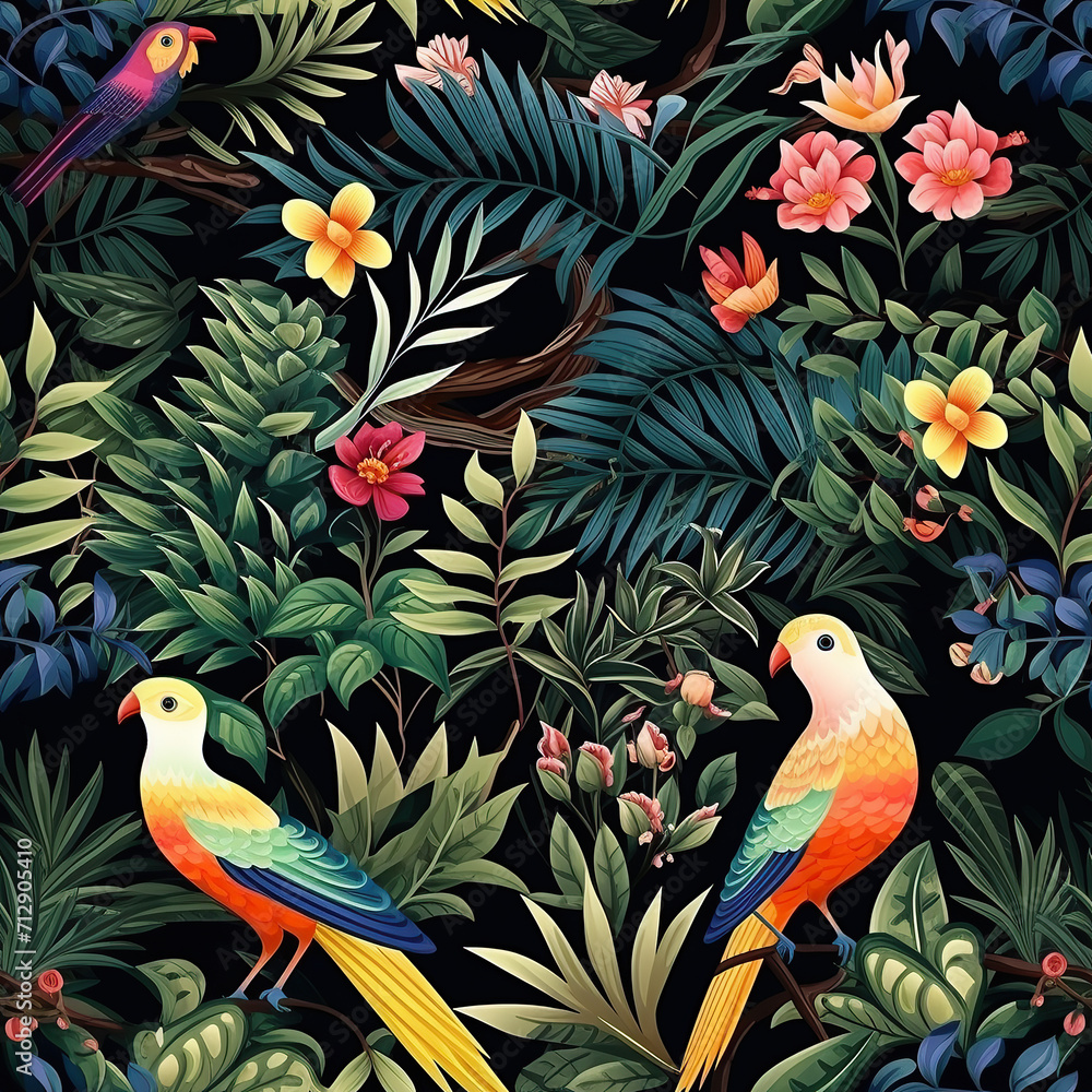 Tropical Aviary with Colorful Birds and Lush Foliage