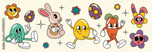 Set of easter groovy element vector. Collection of cartoon characters, doodle smile face, egg, rabbit, carrot, flower, sparkle. Cute retro groovy hippie design for decorative, sticker, kids. photo