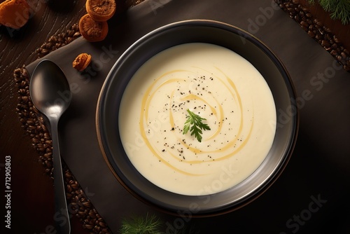 Appetizing cream soup on a dark background, top view