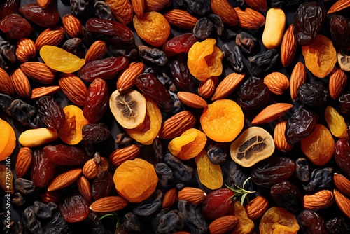 Appetizing fresh variety of dried fruits top view photo