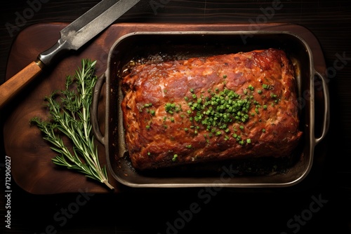 Appetizing meatloaf straight from the oven, top view