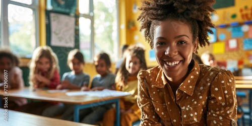 A smiling african american woman in a classroom. Generative AI.