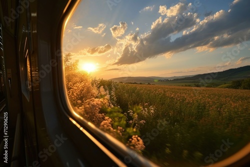 A view of the sunset through a train window. Generative AI.