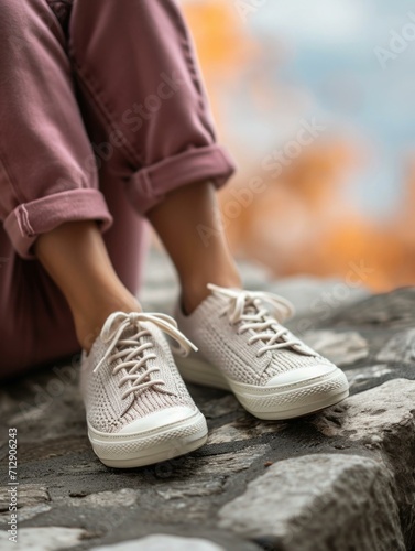 A woman s feet in white sneakers sitting on a rock. Generative AI.
