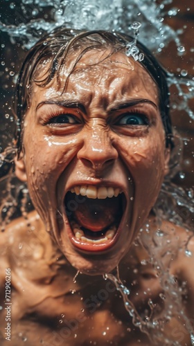 A woman screaming in the water. Generative AI. © Natalia