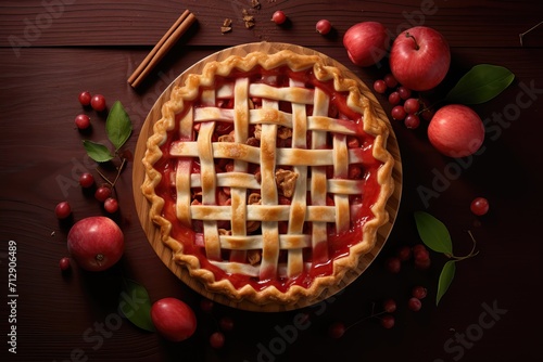 Appetizing fruit pie with apple, raspberry, cherry fillings on a beautiful wooden background with fresh fruits
