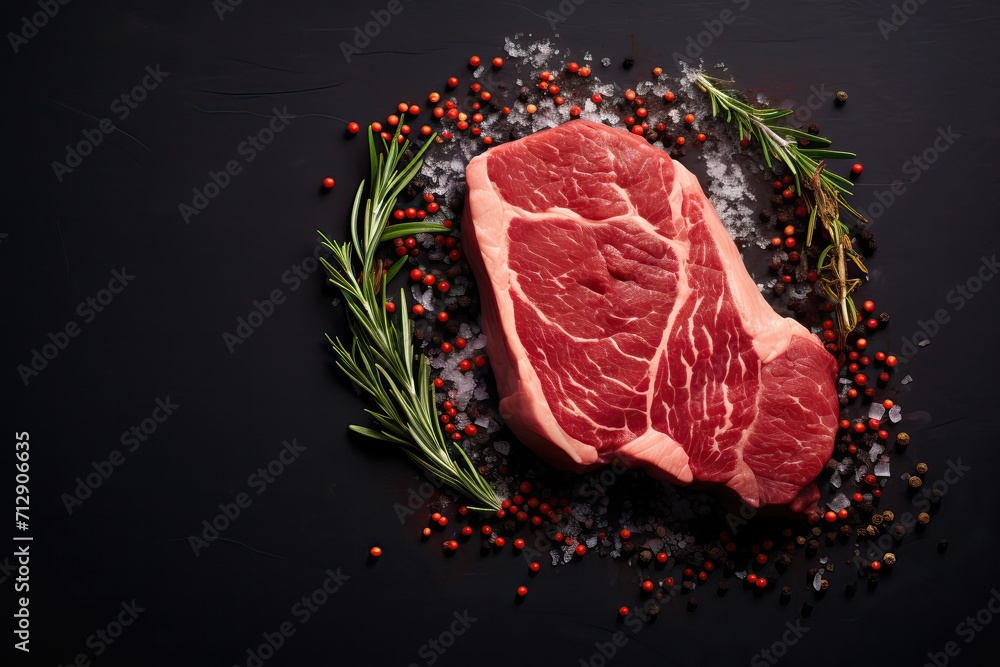 Fresh beef steak being prepared for frying on a background of spices