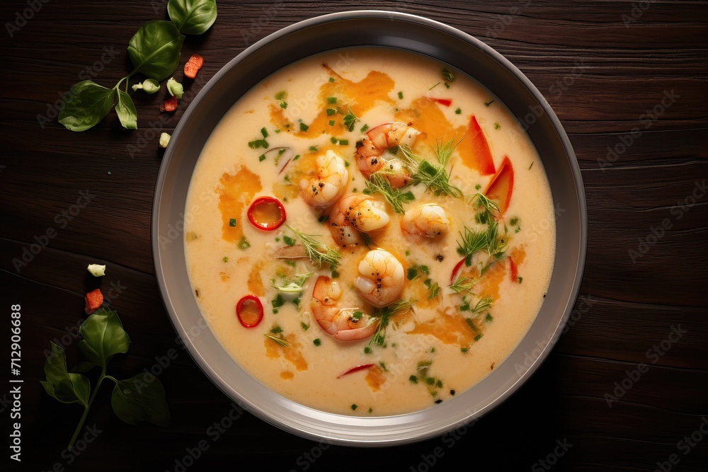 Appetizing soup with shrimp on a background of spices and vegetables Appetizing soup with shrimp on a background of spices and vegetables