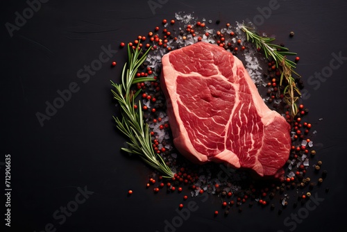 Fresh beef steak being prepared for frying on a background of spices