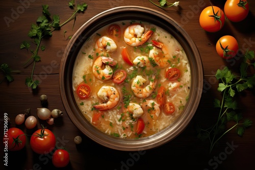 Appetizing soup with shrimp on a background of spices and vegetables