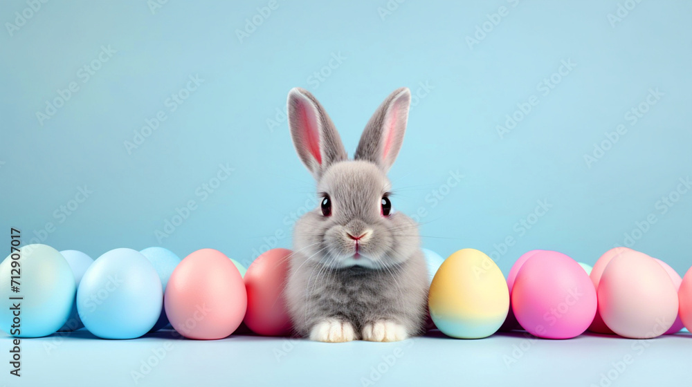 Fototapeta premium Easter Bunny with Easter eggs on isolated background with copy text space - ai generative