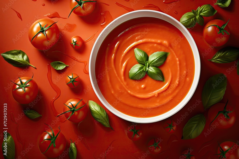 Fresh appetizing tomato soup in a plate on a background of fresh vegetables, top view Fresh appetizing tomato soup in a plate on a background of fresh vegetables, top view