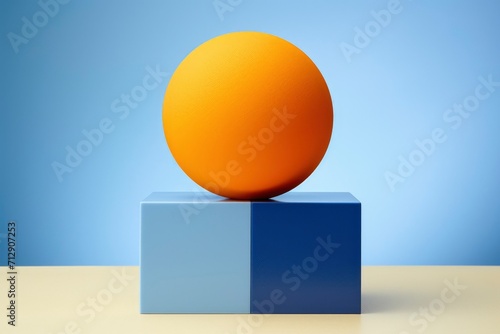 Arrangement of colorful geometric blocks and spheres on a blue backdrop.