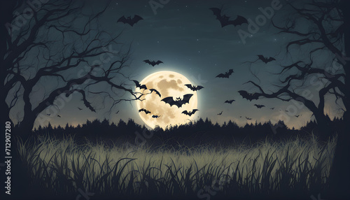 Halloween background with bats with full moon