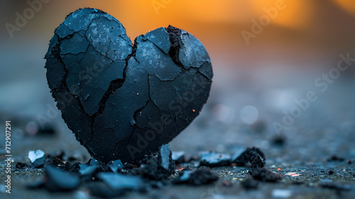 broken glass black heart with cracks on dark background. Concept of separation and breakup of relationships, generative ai photo